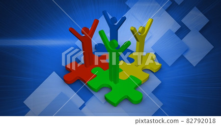 Composition of network of people icons over jigsaw puzzle and screens Composition of network of people icons over jigsaw puzzle and screens 82792018