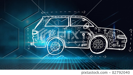 Composition of digital hexagons over car drawing Composition of digital hexagons over car drawing 82792040