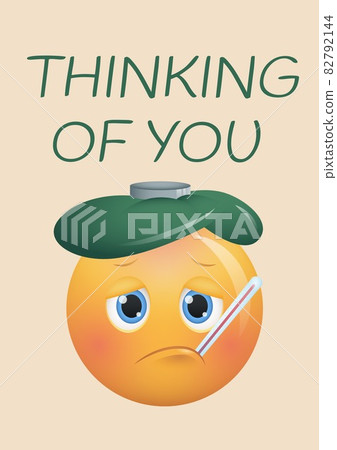Composition of thinking of you message, ill emoji with icepack and thermometer on beige background Composition of thinking of you message, ill emoji with icepack and thermometer on beige background 82792144
