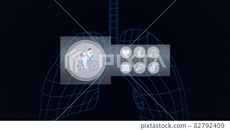Composition of sports icons with data processing and blue lungs on black background Composition of sports icons with data processing and blue lungs on black background 82792409