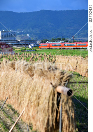 Odakyu Romance Car GSE Limited Express Train running through rice fields after harvesting rice 82792423