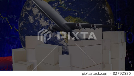 Delivery boxes and airplanes over globe against stock market data processing Delivery boxes and airplanes over globe against stock market data processing 82792520