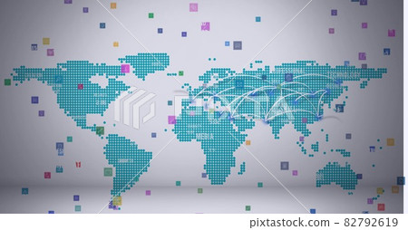 Animation of network of connections with icons over world map 82792619