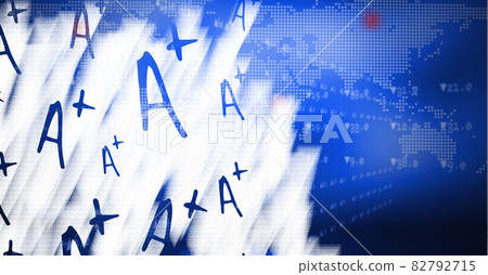 Composition of a plus rating over binary coding over world map on blue background Composition of a plus rating over binary coding over world map on blue background 82792715