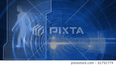 Composition of man walking and scientific data processing on screen 82792774