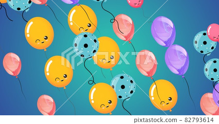 Composition of multiple pink, purple and yellow balloons with faces on blue background 82793614