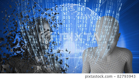 Composition of binary coding processing over exploding human busts and globe 82793943