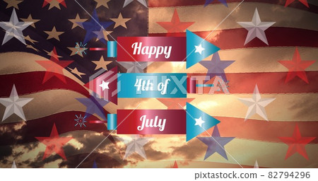 Composition of happy 4th of july text and stars and stripes of american flag Composition of happy 4th of july text and stars and stripes of american flag 82794296