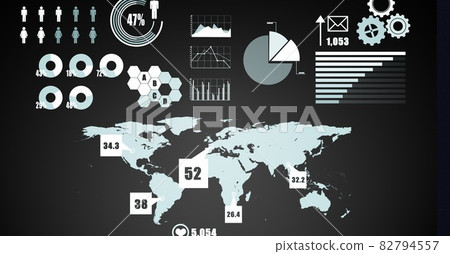Composition of statistics, digital data processing and world map Composition of statistics, digital data processing and world map 82794557