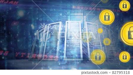 Composition of online security padlock icons over cyber attack text and computer servers 82795318