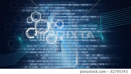 Composition of online security padlock icon, scopes and binary coding 82795343