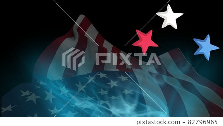Composition of red, blue and white stars with smoke and billowing american flag on black background 82796965