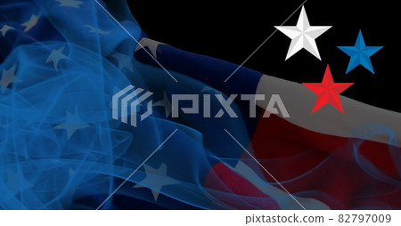 Composition of blue, red and white star with blue smoke and american flag on black background Composition of blue, red and white star with blue smoke and american flag on black background 82797009
