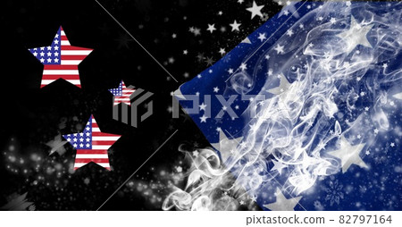 Composition of american flag star shapes with white stars and white smoke on blue and black 82797164