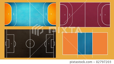 Digitally generated image of multiple sports field layouts against orange background 82797203