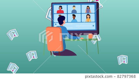 Composition of floating textbooks and person using computer for video conference call on blue 82797368