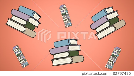 Composition of repeated stacks of books floating on pink background Composition of repeated stacks of books floating on pink background 82797450