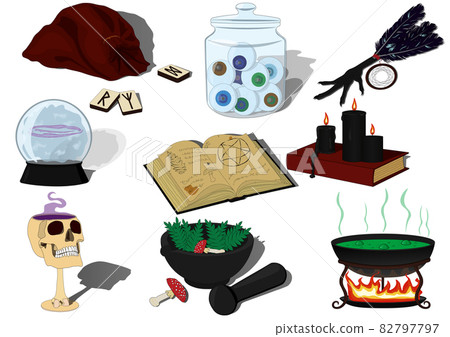 Witchcraft witchs hut items collection vector illustration 82797797