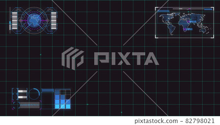 Image of scope scanning and data processing with world map and grid on black background 82798021