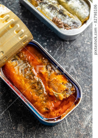 Canned sardines with tomato sauce. Sea fish in tin can. 82798106
