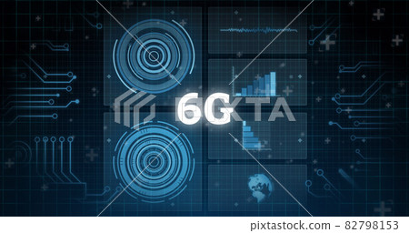 Image of 6g text with scopes scanning and data processing on screens over grid Image of 6g text with scopes scanning and data processing on screens over grid 82798153
