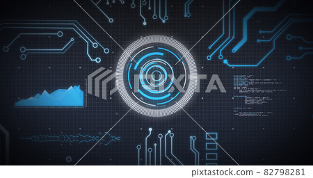 Image of scope scanning, processor elements and data processing over grid on blue background Image of scope scanning, processor elements and data processing over grid on blue background 82798281
