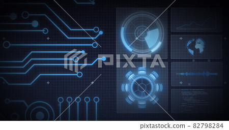 Image of scope scanning, processor elements and data processing on screens over grid 82798284