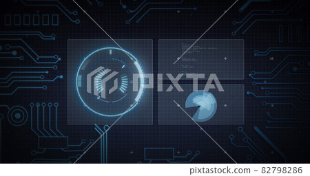 Image of scope scanning, processor elements and data processing on screens over grid 82798286