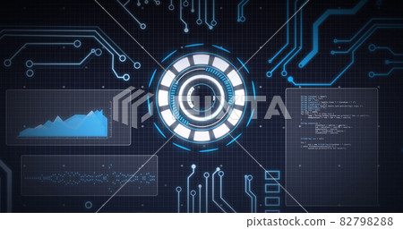 Image of scope scanning and data processing on screens over grid on blue background Image of scope scanning and data processing on screens over grid on blue background 82798288