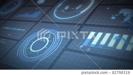 Image of statistics recording and scopes scanning on screens over grid 82798319