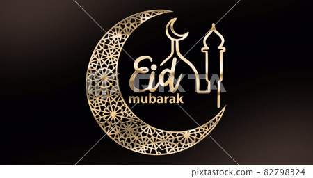 Image of eid mubarak text with crescent moon and mosque in gold on black background Image of eid mubarak text with crescent moon and mosque in gold on black background 82798324