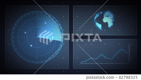 Image of scope scanning, globe and data processing on screens over grid Image of scope scanning, globe and data processing on screens over grid 82798325