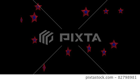 Image of multiple blue stars with red outline of American flag falling on black background. Image of multiple blue stars with red outline of American flag falling on black background. 82798981
