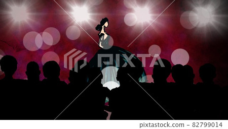 Composition of fashion drawing of model on catwalk at fashion show, on red background Composition of fashion drawing of model on catwalk at fashion show, on red background 82799014