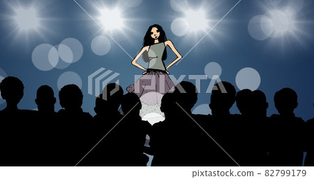 Composition of fashion drawing of model on catwalk at fashion show, on blue background Composition of fashion drawing of model on catwalk at fashion show, on blue background 82799179