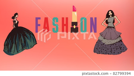 Composition of drawing of models with fashion text on red background 82799394