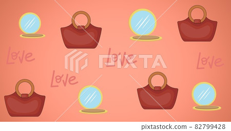 Composition of make up powder and handbag repeated on red background 82799428