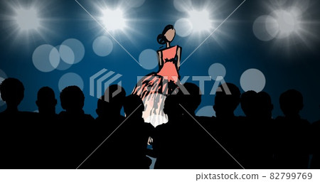 Composition of fashion drawing of model on catwalk at fashion show, on blue background Composition of fashion drawing of model on catwalk at fashion show, on blue background 82799769