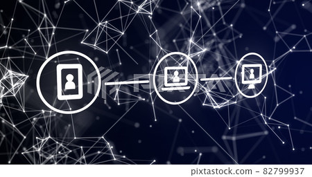 Image of three white digital computer interface icons with plexus structure on blue background Image of three white digital computer interface icons with plexus structure on blue background 82799937