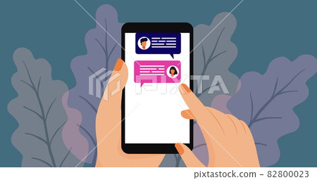 Image of person using smartphone social networking over leaves 82800023