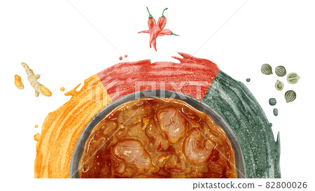 Handwritten watercolor style illustrations of spice curry and 3 types of spices 82800026