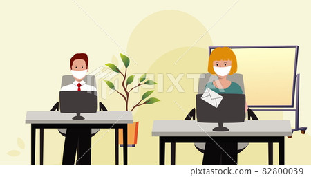 Image of man and woman in face masks working in office 82800039