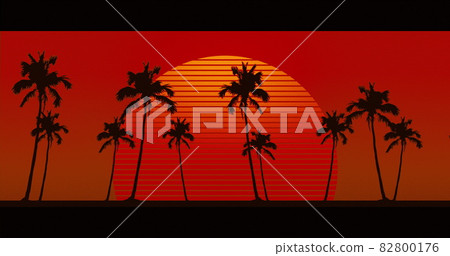 Image of palm trees moving over glowing orange sun on red Image of palm trees moving over glowing orange sun on red 82800176