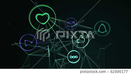 Image of green and purple light trails with icons on green background Image of green and purple light trails with icons on green background 82800177