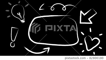 Image of white outlined speech bubble with arrow and icons on black background Image of white outlined speech bubble with arrow and icons on black background 82800180