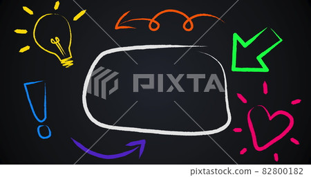 Image of whtie outlined speech bubble with green arrow and colourful icons on black background Image of whtie outlined speech bubble with green arrow and colourful icons on black background 82800182