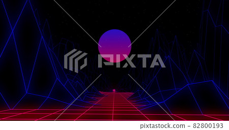 3D mountains over grid lines against purple round shape on black background 3D mountains over grid lines against purple round shape on black background 82800193