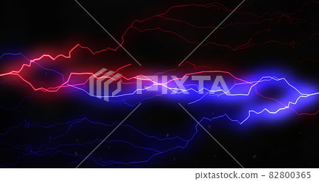 Red and blue lightning bolts of electrical current moving wildly across black background Red and blue lightning bolts of electrical current moving wildly across black background 82800365