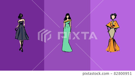 Composition of three fashion models in dresses over three shades of purple background Composition of three fashion models in dresses over three shades of purple background 82800951