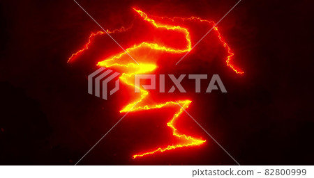 Glowing red and orange lightning bolts of electrical current and smoke moving wildly across a black Glowing red and orange lightning bolts of electrical current and smoke moving wildly across a black 82800999
